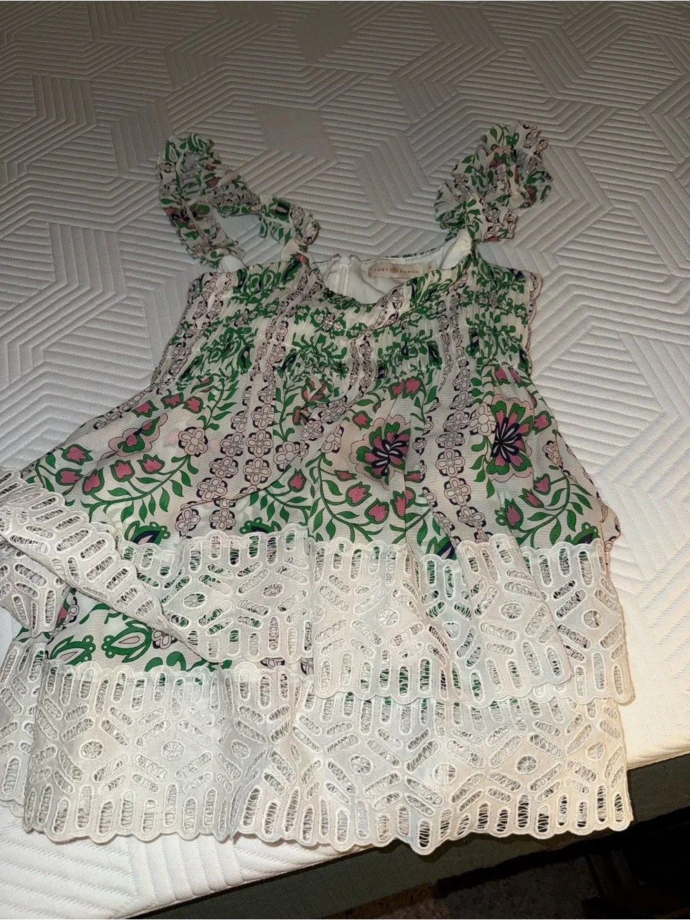 Tory Burch Floral Lace-Trim Green & White Sleeveless, Airy, Lace & Delicate